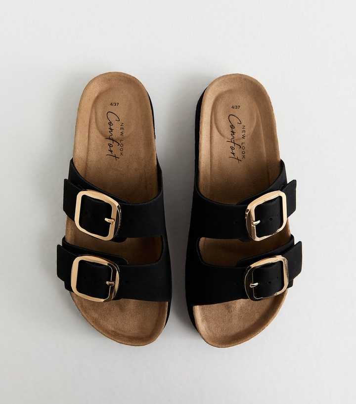 Black Cork Sole Double Strap Mule Sandals
