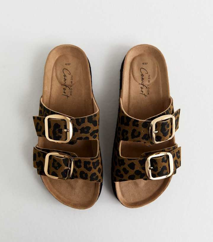 Brown Animal Print Cork Sole Double Strap Mule Sandals