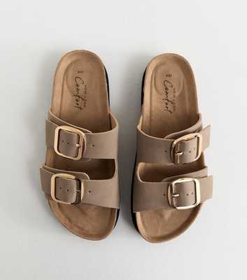 Light Brown Cork Sole Double Strap Mule Sandals