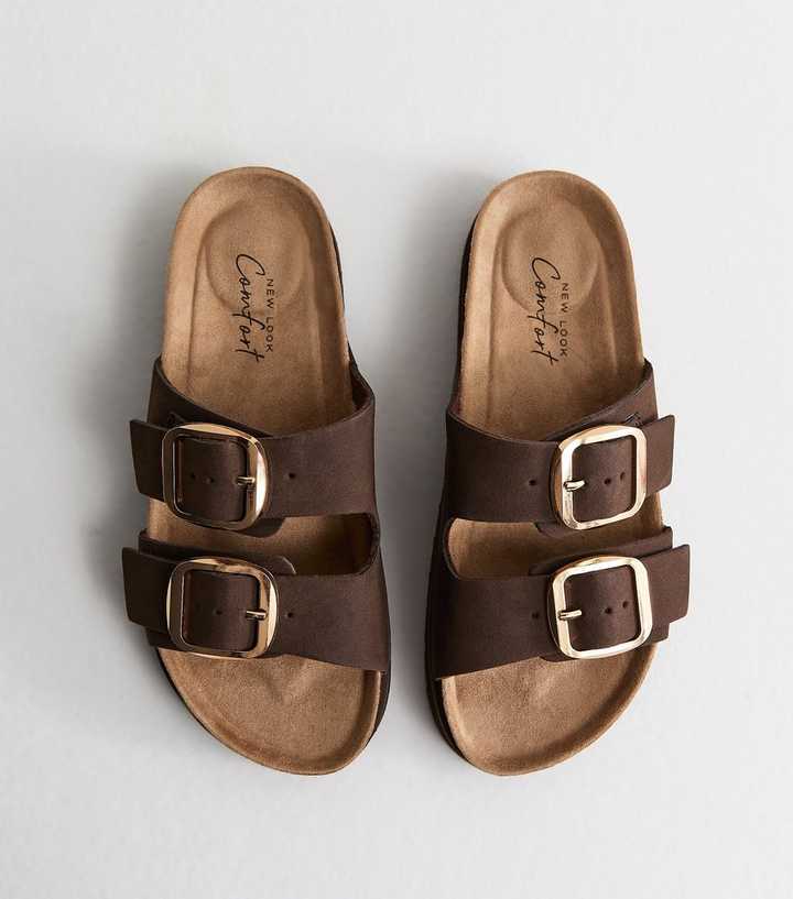 Brown Cork Sole Double Strap Mule Sandals