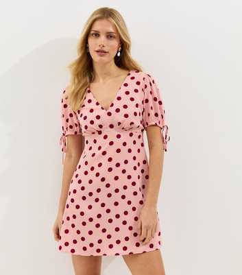Pink Crepe Polka Dot Tie Sleeve Mini Dress