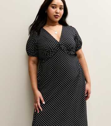 Curves Black Polka Dot Short Sleeve Tea Midi Dress