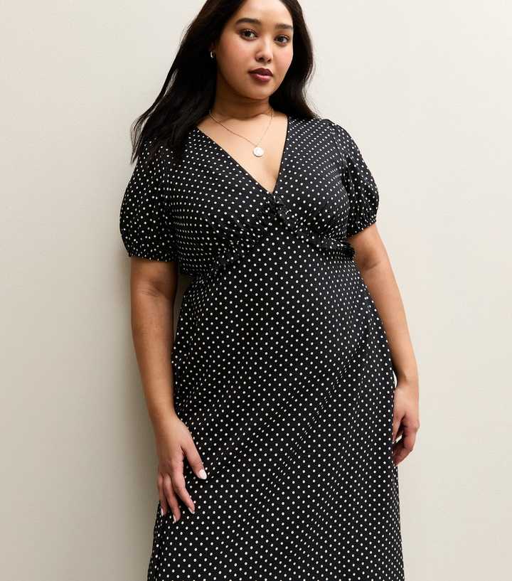 Curves Black Polka Dot Short Sleeve Tea Midi Dress