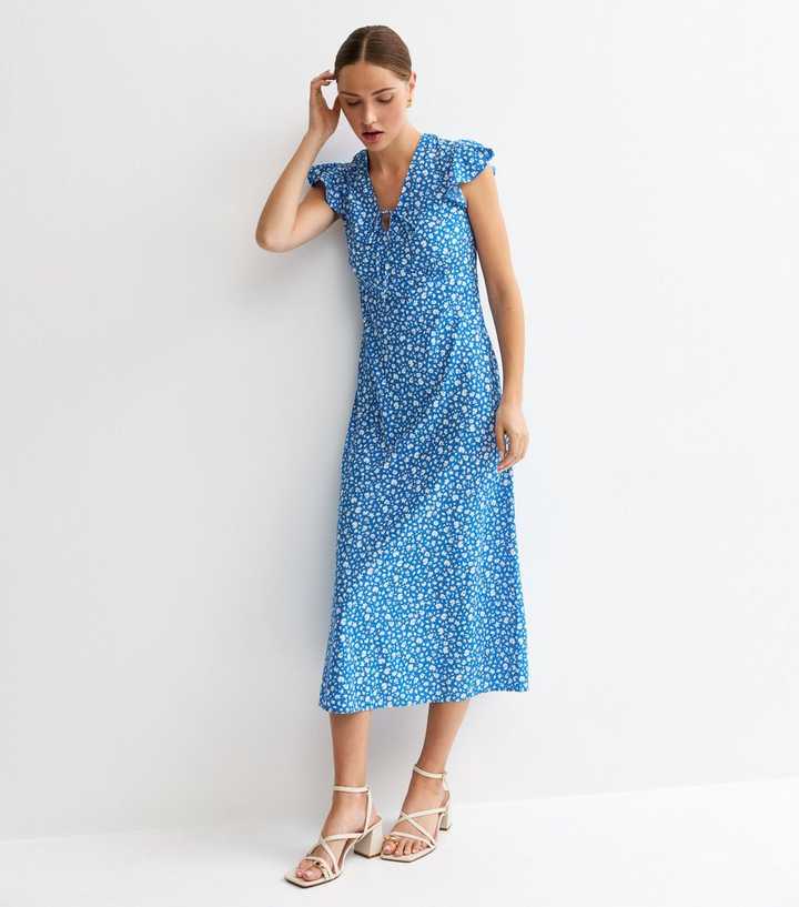 Blue Ditsy Floral Flutter Sleeve Midi Dress