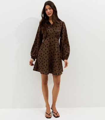 Dark Brown Floral Long Sleeve Mini Shirt Dress
