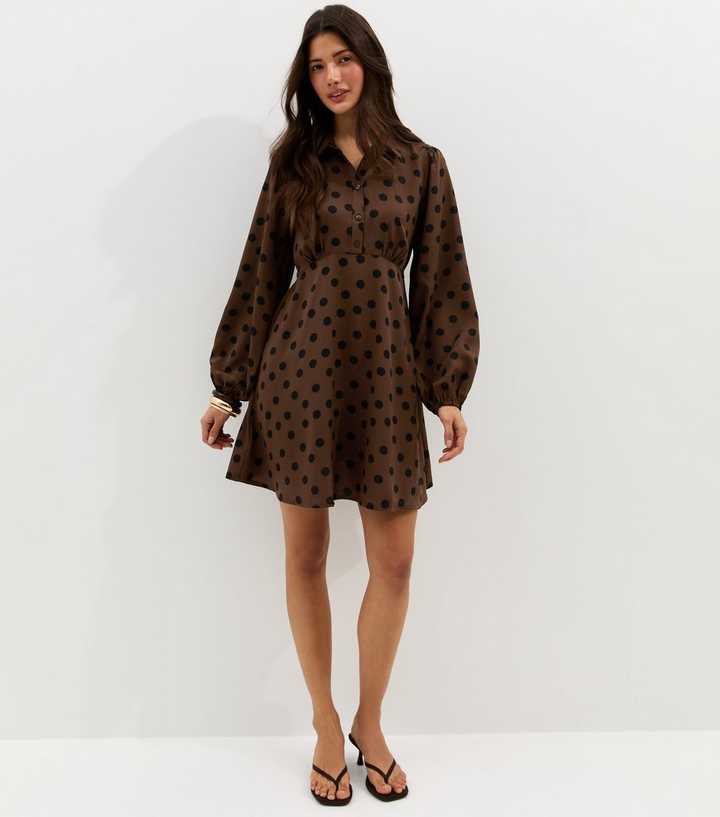 Dark Brown Floral Long Sleeve Mini Shirt Dress