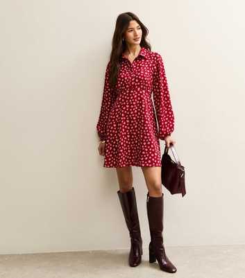Red Floral Long Sleeve Mini Shirt Dress
