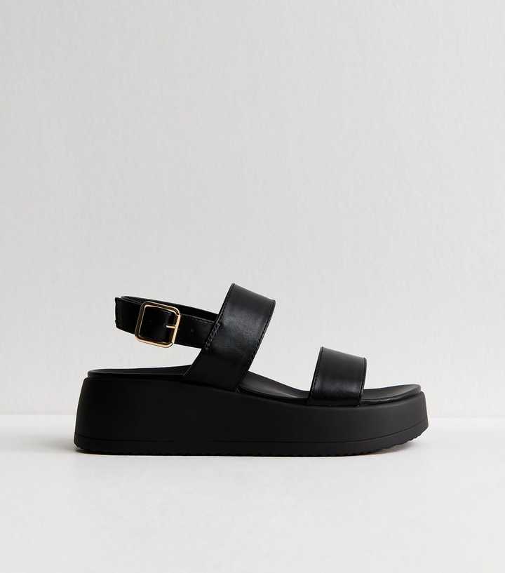 Wide Fit Black Faux Leather Flatform Sandals