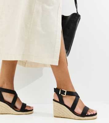 Wide Fit Black Textured Faux Leather Wedge Sandals