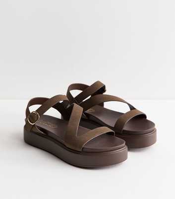 Wide Fit Brown Faux Leather Multistrap Flatform Sandals