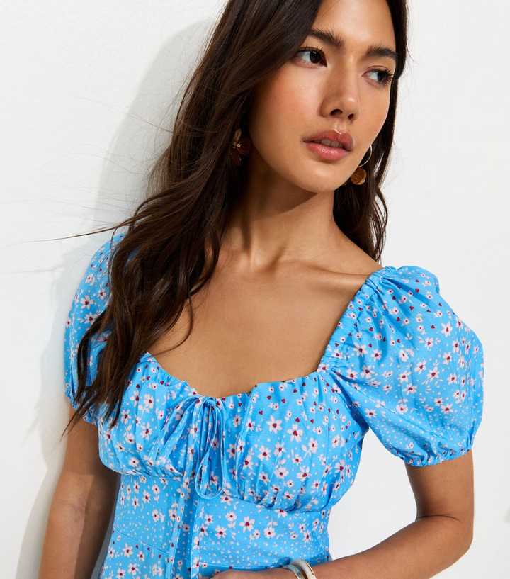 Blue Daisy Pattern Milkmaid Mini Dress | New Look Blue Daisy Pattern Milkmaid Mini Dress | New Look