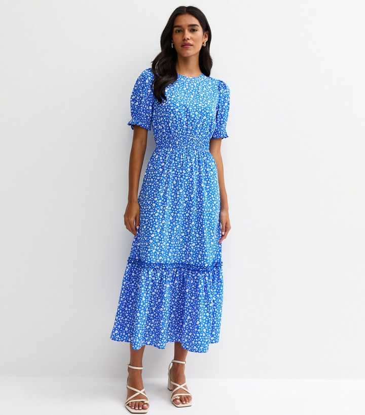 Bright Blue Crepe Ditsy Short Sleeve Tiered Midi Dress