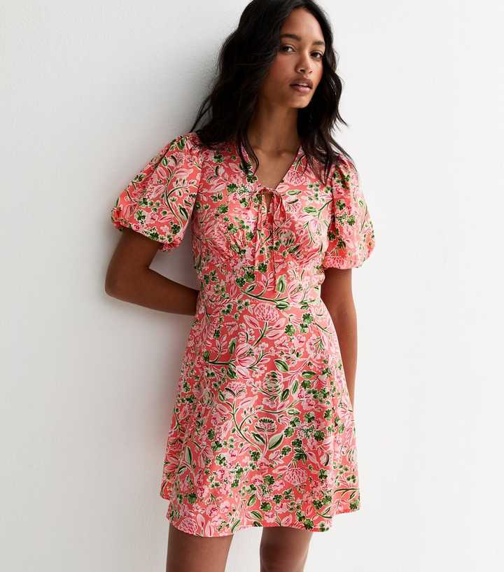 Pink Floral Puff Sleeves Mini Dress