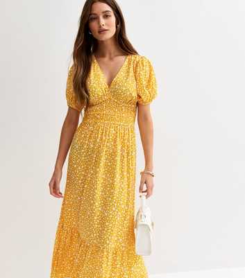 Yellow Ditsy Floral Short Sleeve Midi Dress