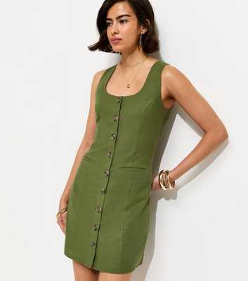 Dark Khaki Cotton Button Through Mini Dress