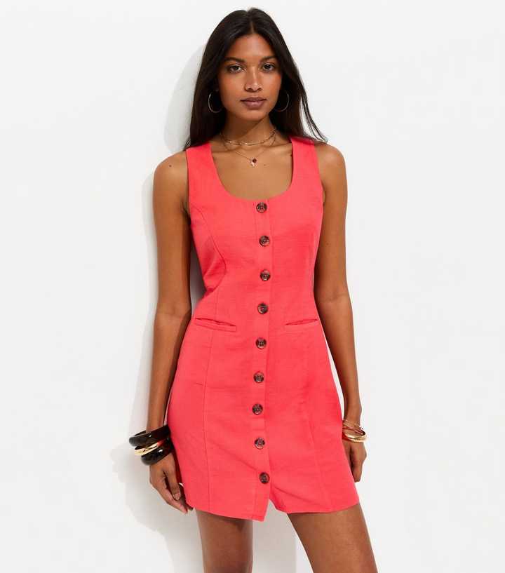 Dark Coral Cotton Button Through Mini Dress