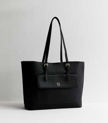 Black Textured Faux Leather Front Pocket Tote Bag