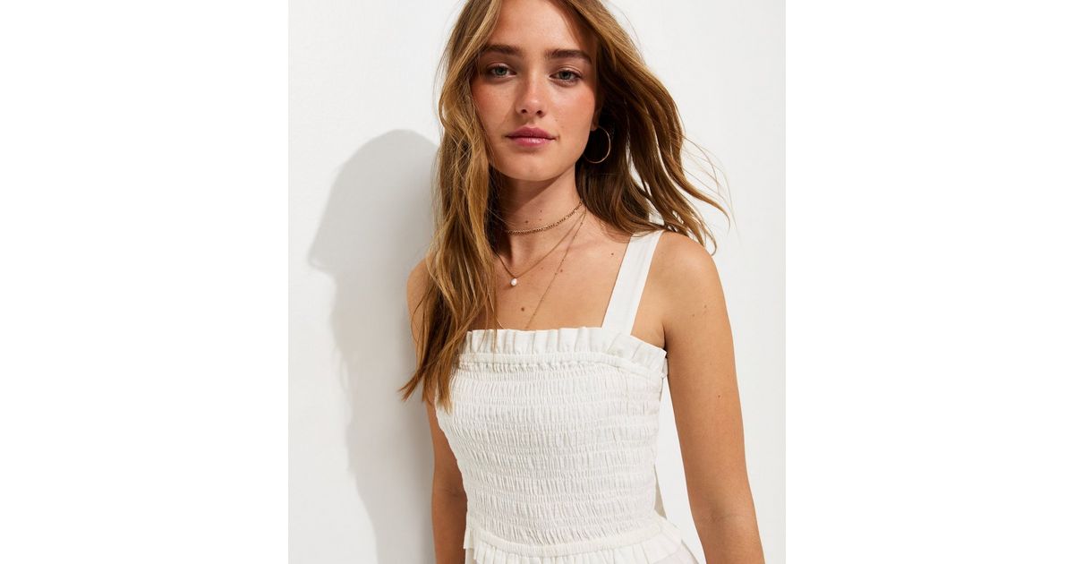 White Cotton Shirred Bow Strap Midi Dress