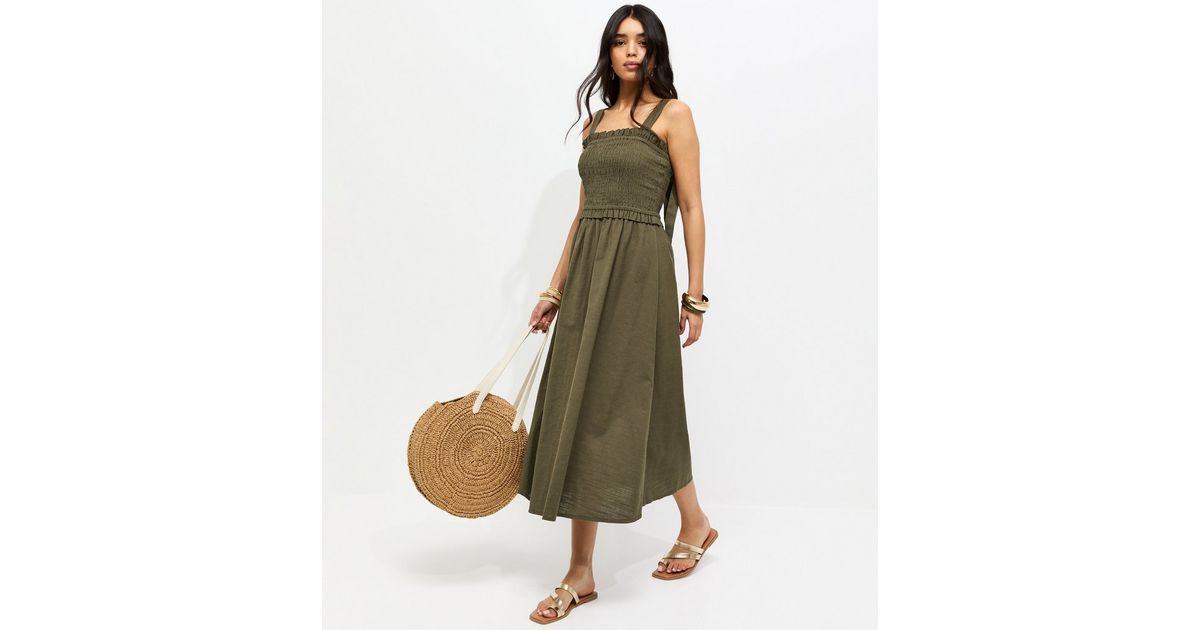 Dark Khaki Cotton Shirred Bow Strap Midi Dress