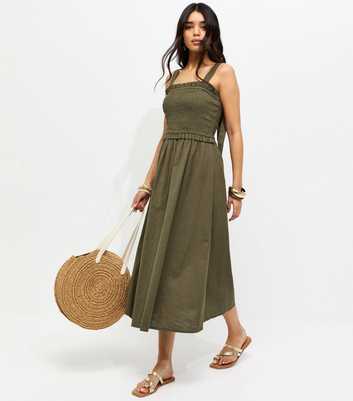 Dark Khaki Cotton Shirred Bow Strap Midi Dress