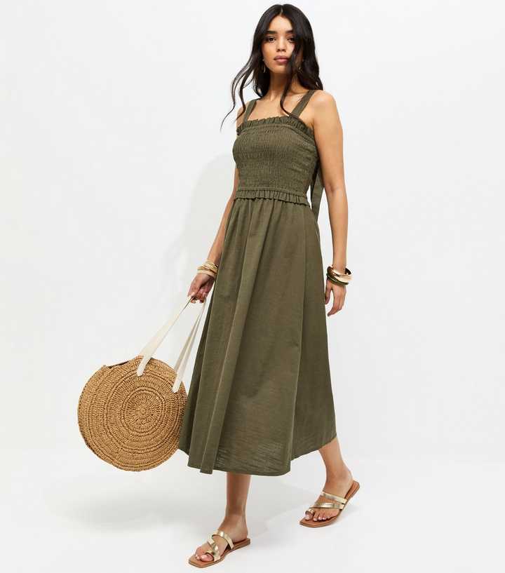 Dark Khaki Cotton Shirred Bow Strap Midi Dress
