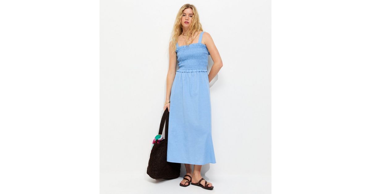 Light Blue Cotton Shirred Bow Strap Midi Dress