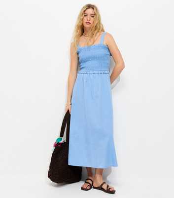 Light Blue Cotton Shirred Bow Strap Midi Dress