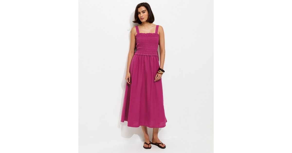Light Burgundy Cotton Shirred Bow Strap Midi Dress