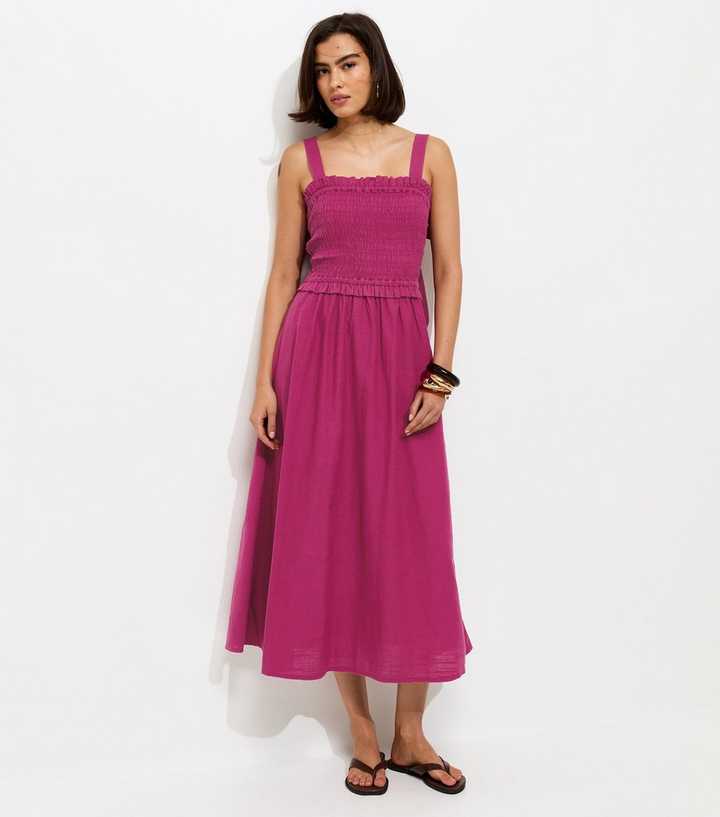 Light Burgundy Cotton Shirred Bow Strap Midi Dress | New Look