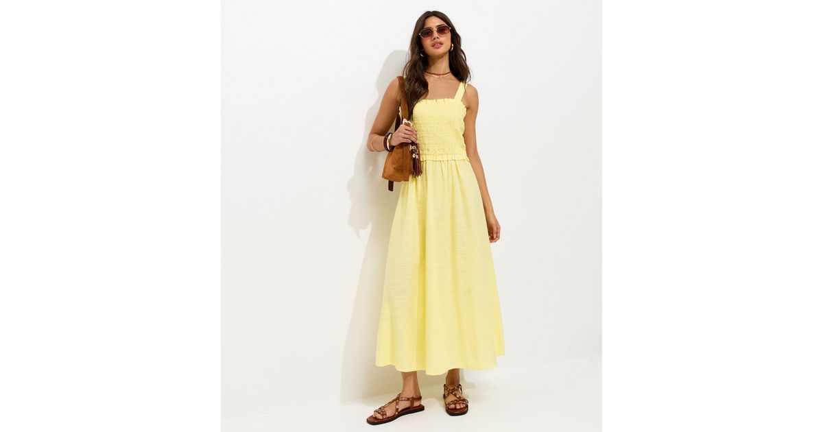 Light Yellow Cotton Shirred Bow Strap Midi Dress