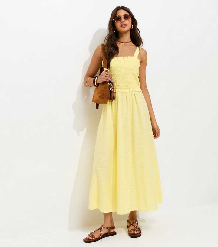 Light Yellow Cotton Shirred Bow Strap Midi Dress