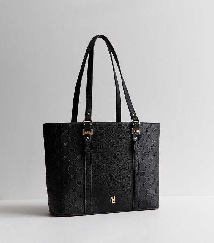 Black Faux Leather Logo Embossed Tote Bag