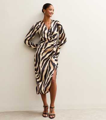 Black Zebra Print Satin Tie Waist Midi Dress