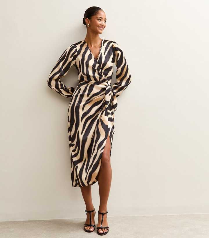 Black Zebra Print Satin Tie Waist Midi Dress