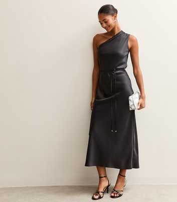 Black Satin One Shoulder Tie Waist Midi Dress