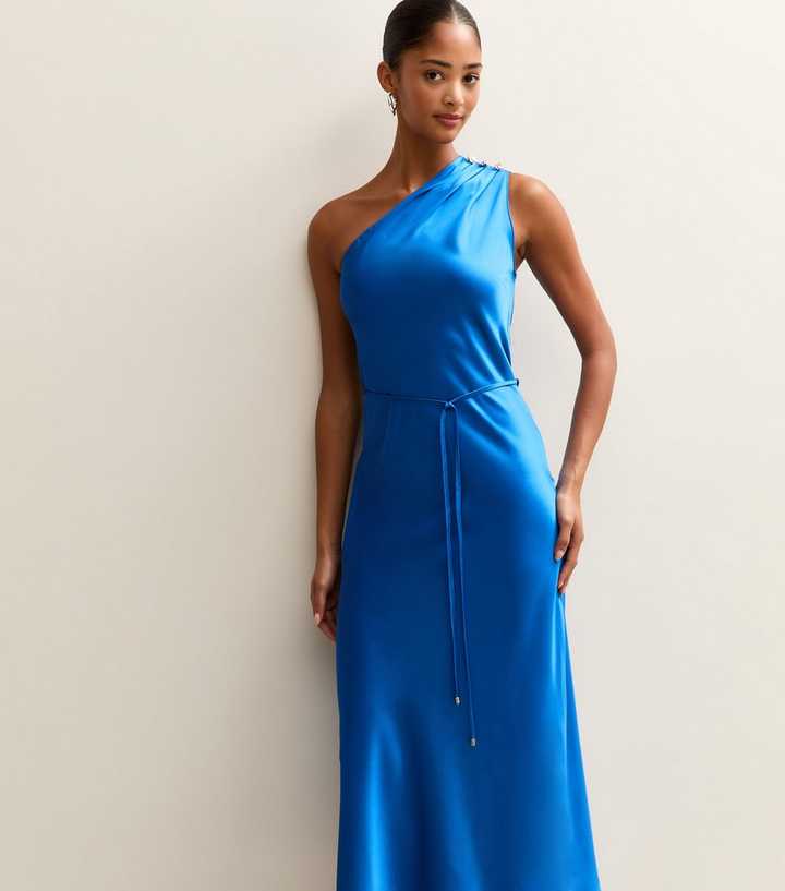 Bright Blue Satin One Shoulder Tie Waist Midi Dress