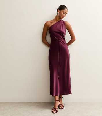 Dark Burgundy Satin One Shoulder Tie Waist Midi Dress