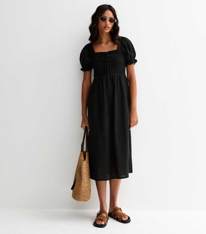 Black Cotton Shirred Short Sleeve Midi Dress