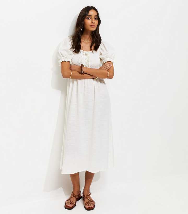 White Cotton Shirred Short Sleeve Midi Dress
