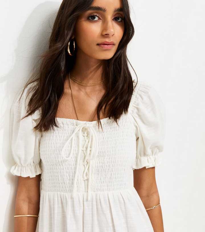 White Cotton Shirred Short Sleeve Midi Dress | New Look