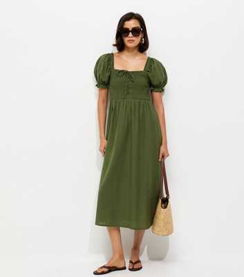 Dark Khaki Cotton Shirred Short Sleeve Midi Dress