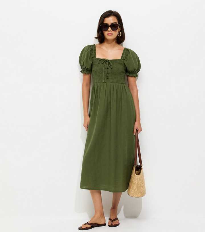 Dark Khaki Cotton Shirred Short Sleeve Midi Dress