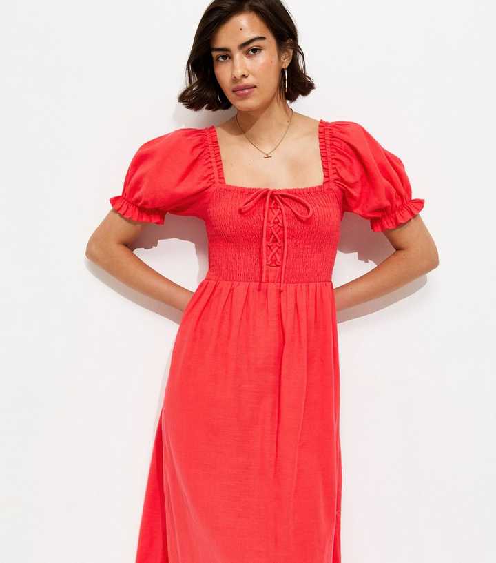 Red Cotton Shirred Short Sleeve Midi Dress
