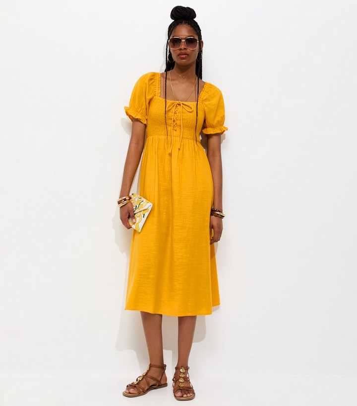 Dark Yellow Cotton Shirred Short Sleeve Midi Dress | New Look