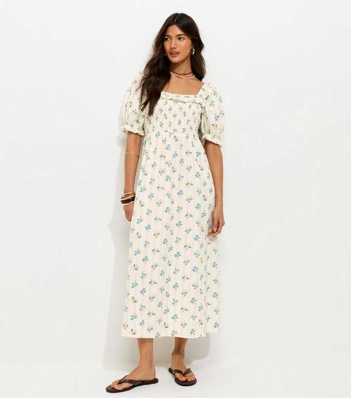 Cream Floral Print Shirred Frill Trim Midi Dress