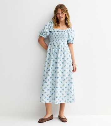 Blue Floral Print Shirred Frill Trim Midi Dress