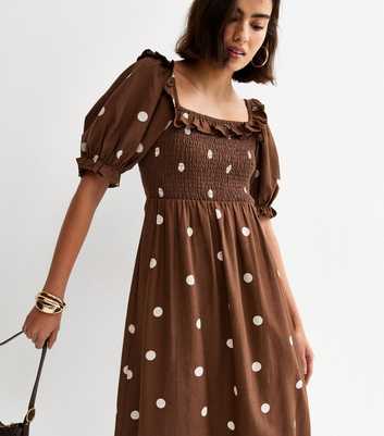 Brown Polka Dot Puff Sleeve Shirred Midi Dress
