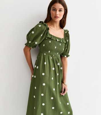 Green Polka Dot Puff Sleeve Shirred Midi Dress