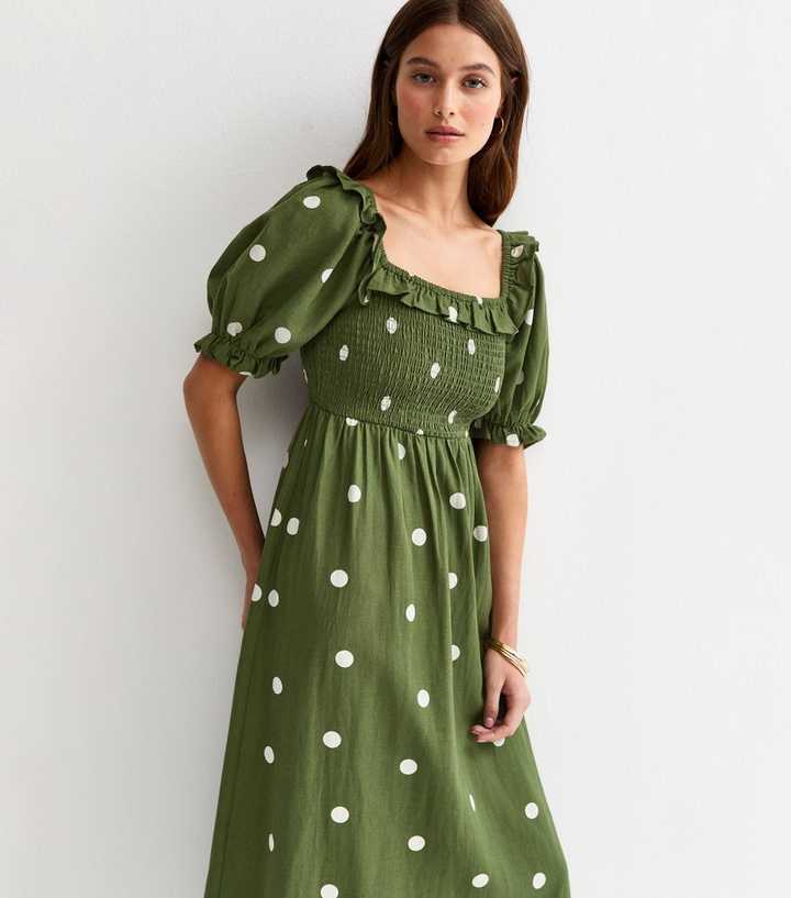 Green Polka Dot Puff Sleeve Shirred Midi Dress