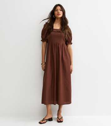 Dark Brown Short Sleeve Shirred Frill Midi Dress